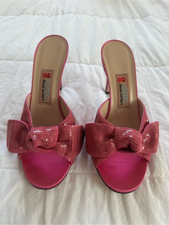 Gucci Shoes - Gucci Pink Sequin Bow Mule Heels